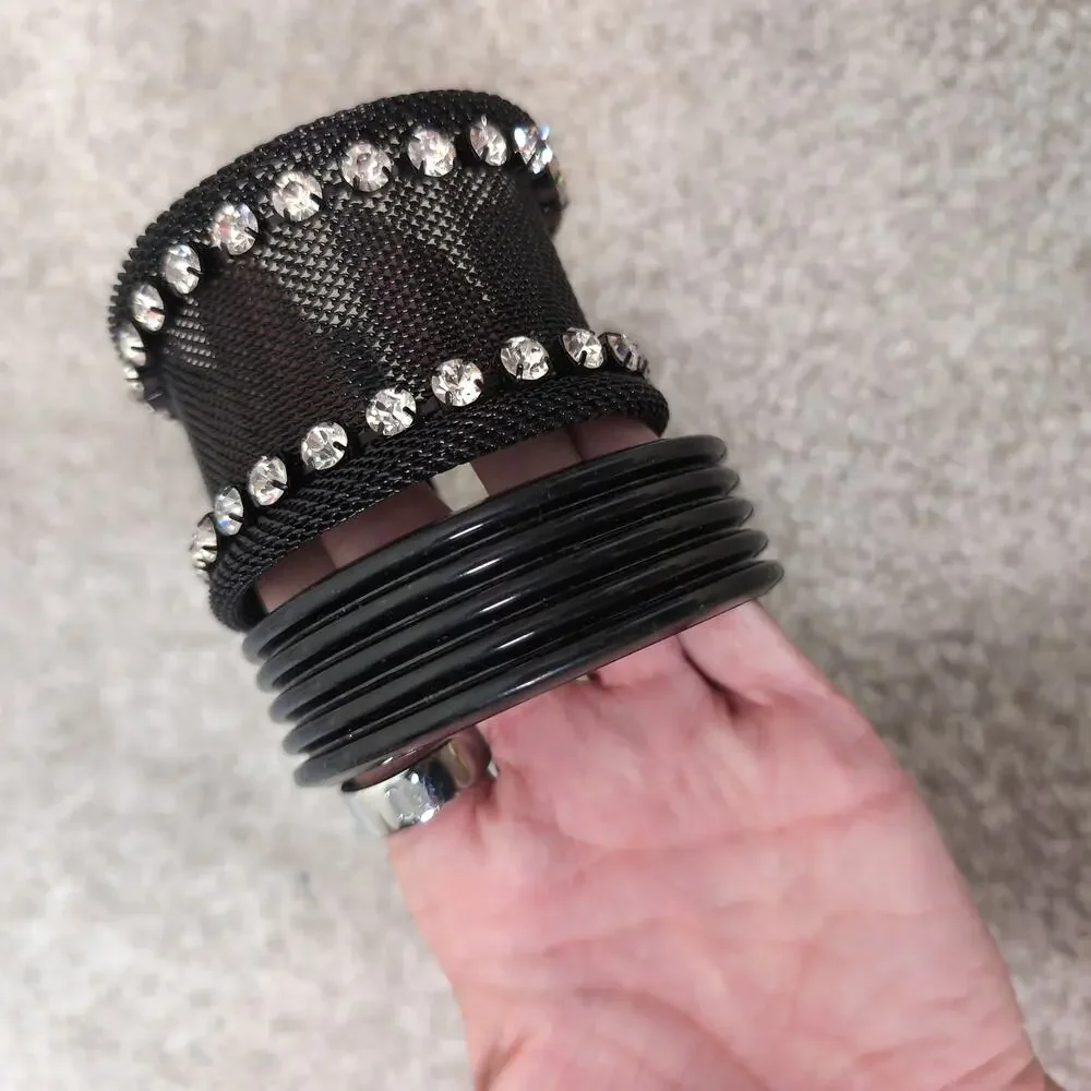 Black Textured And Rhinestone Bracelet Set Gothic